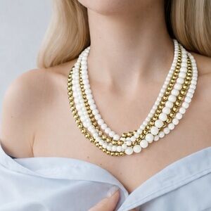 Vintage Multi Strand White & Gold Molded Bead Necklace 70s Statement